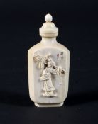 An early 20th century Chinese carved ivory snuff bottle and stopper-spoon, of facteted form,