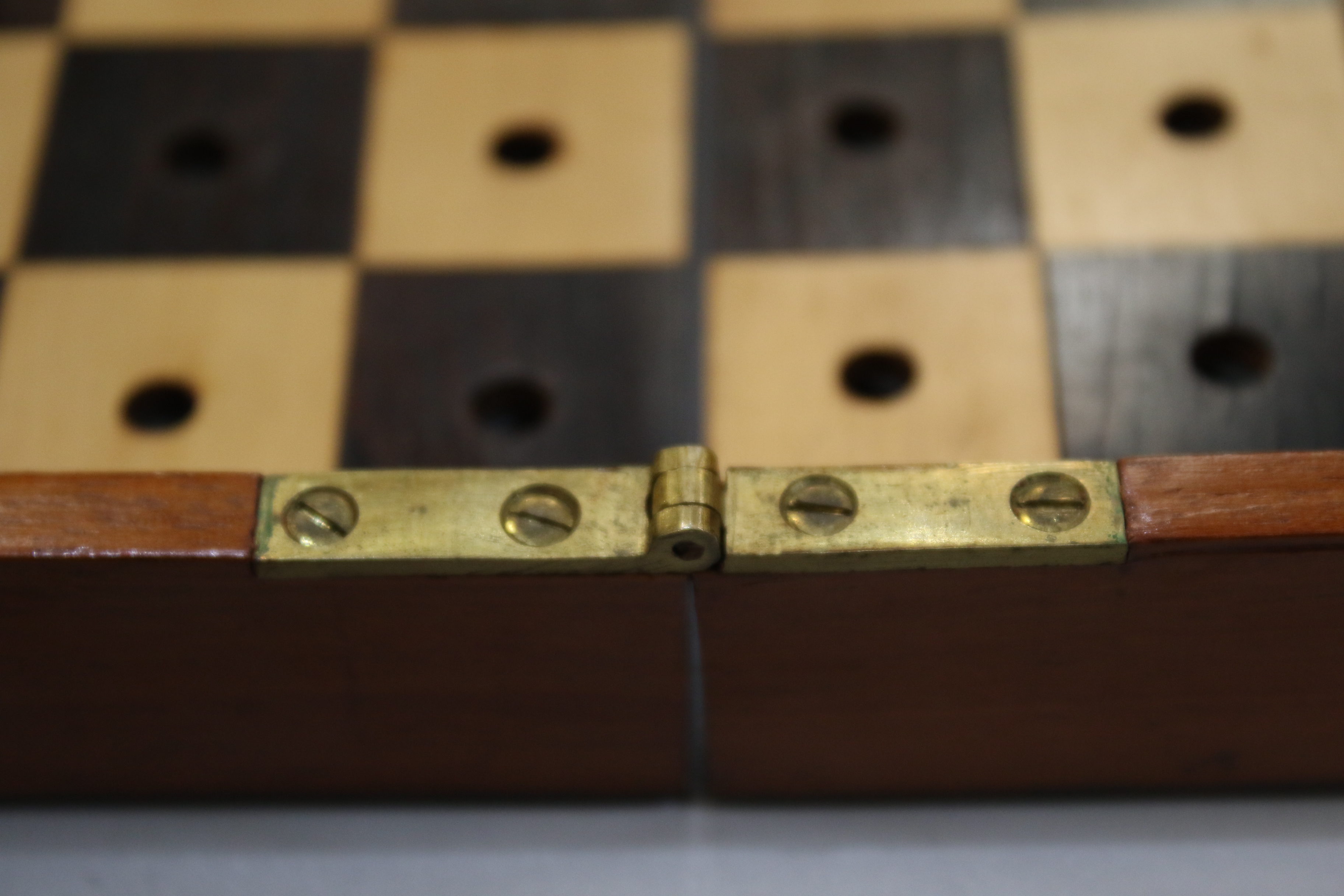 A Jacques & Son (London) travelling chess set in box, with folding mahogany chess board, - Image 9 of 16