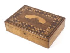 A Madeira Ware marquetry inlaid wooden jewellery box, the top inlaid with a view of a fortification,