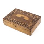 A Madeira Ware marquetry inlaid wooden jewellery box, the top inlaid with a view of a fortification,