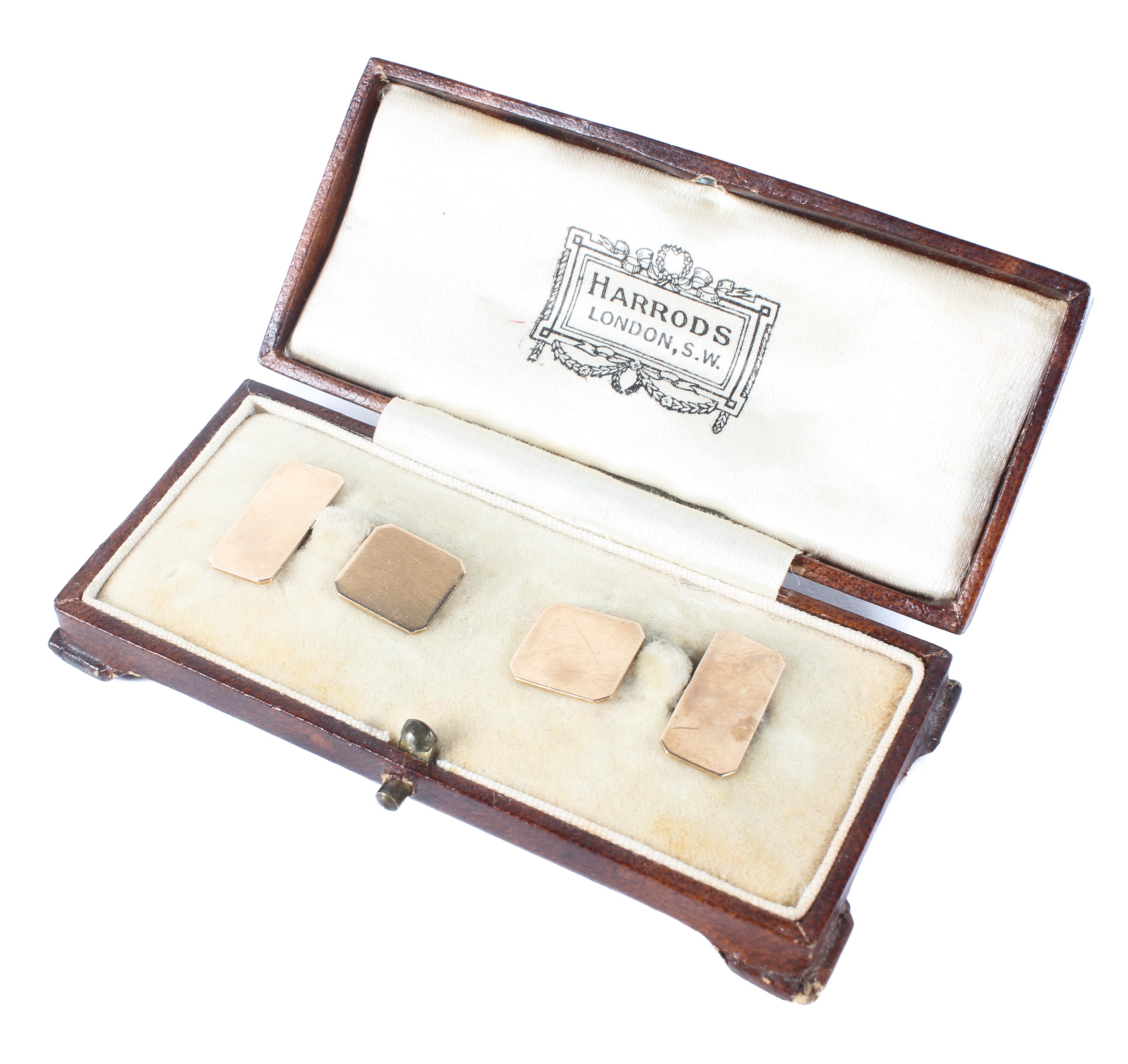 A pair of gents 9ct gold cufflinks, housed in a fitted leather Harrods box,