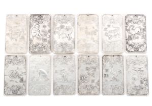 A collection of twelve Chinese white metal ingot plaques depicting signs of the zodiac,