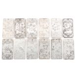 A collection of twelve Chinese white metal ingot plaques depicting signs of the zodiac,