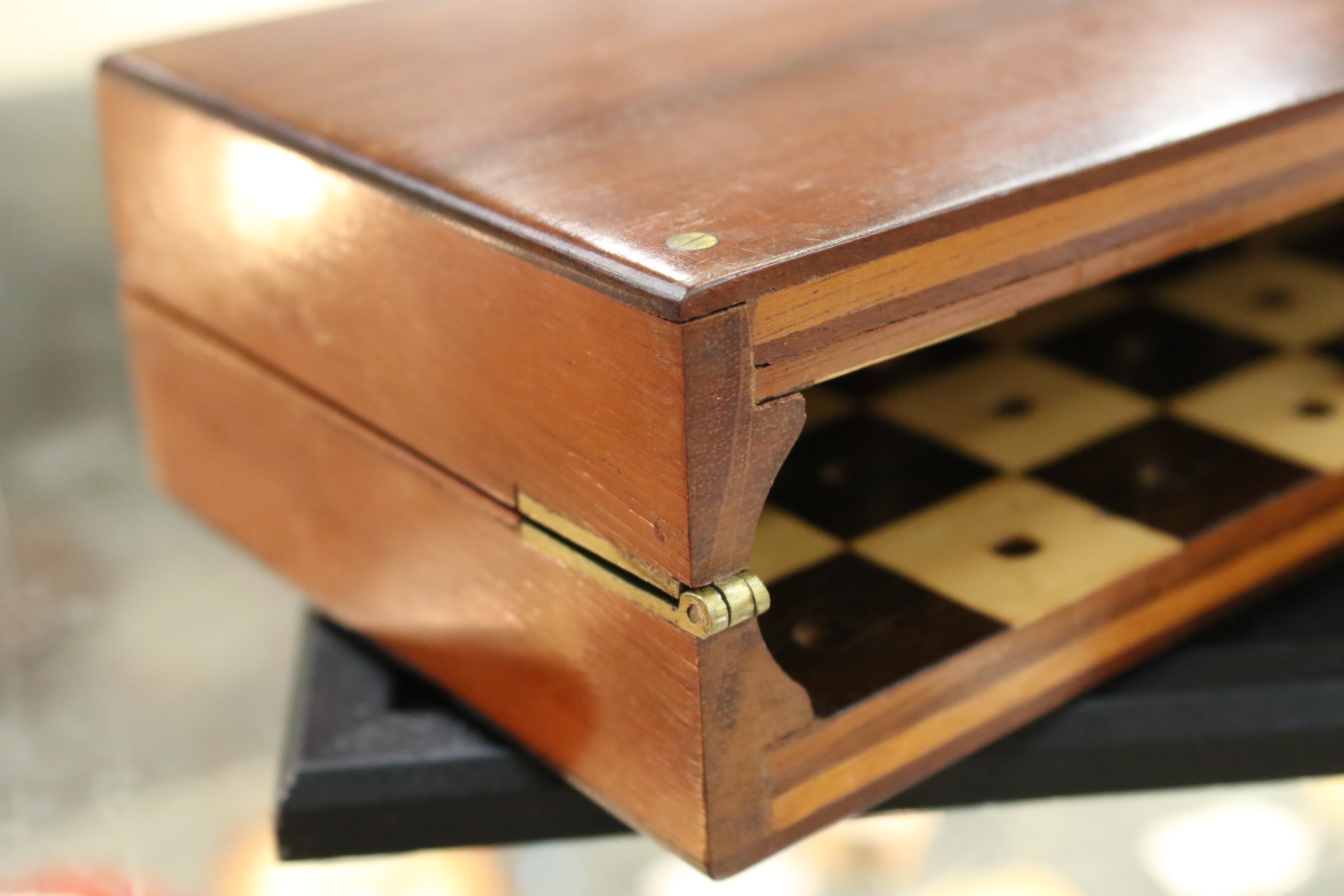 A Jacques & Son (London) travelling chess set in box, with folding mahogany chess board, - Image 10 of 16