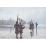 Early 20th Century School, Figures Returning from Fishing on a Beach, watercolour,