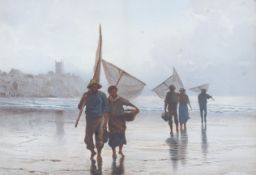 Early 20th Century School, Figures Returning from Fishing on a Beach, watercolour,