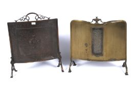 Two 19th century metal fire screens. One of hammered copper, the other of brass with urn finial.