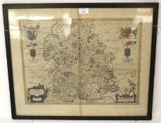 A hand coloured map of Shropshire. Comitatus Salopiensis, Anglice Shropshire.