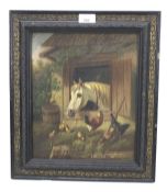 Oil on board, depicting a stable scene with horse and chickens.