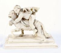 A cast figure of a young boy being carried by a St Bernard dog.