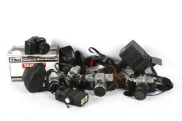 An assortment of vintage cameras.