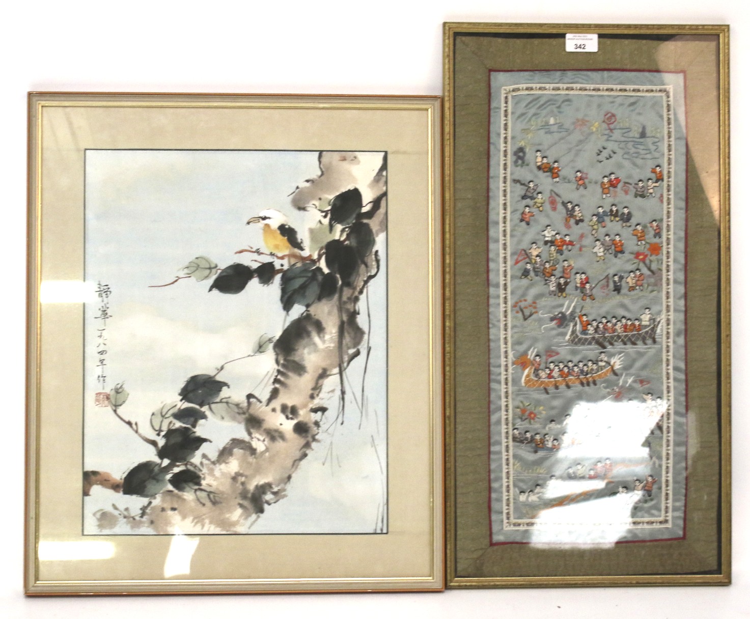 A Chinese ink painting and a silk embroidered panel.