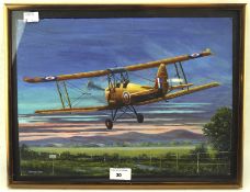 J L Jones, gouache of a war plane flying over MOD territory.