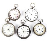 Five assorted silver fob watches of various sizes,