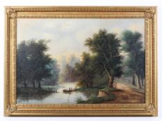 C Hilton (20th century), oil on canvas, country water lake scene fisherman in a boat.