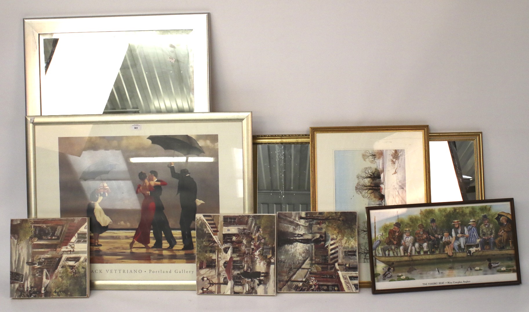 A group of pictures and gilt framed mirrors. Various motifs and sizes.