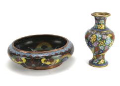 A Chinese cloisonne enamel bowl and a vase.