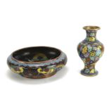 A Chinese cloisonne enamel bowl and a vase.