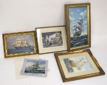 A group of modern prints and paintings of ships and a village scene.