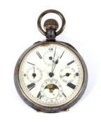 A pocket watch with four subsidiary dials for date, month, day and seconds with sun and moon face.