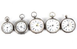 Five silver cased fob watches of various sizes, some with enamelled flowers.