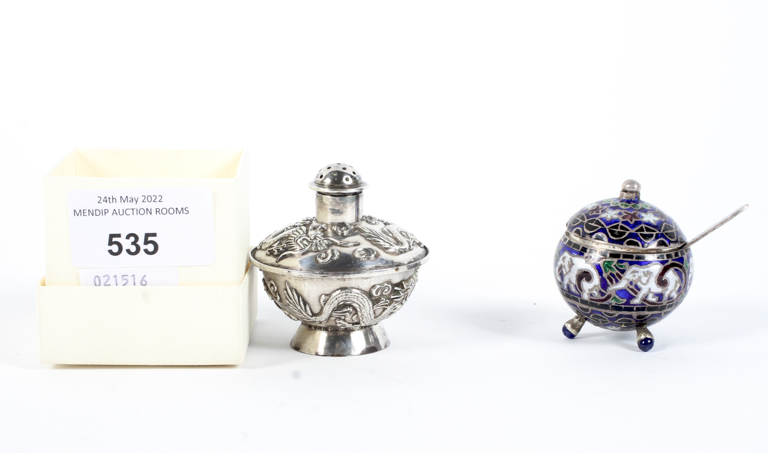 Chinese silver export condiment pot and an enamel pot