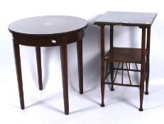 An early 20th century two-tier mahogany plant stand and an inlaid mahogany round occasional table.