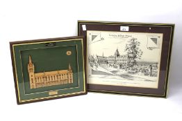 A 20th century print of Taunton College School and a wooden framed 2D model of Town House Aberdeen.