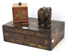 A Regency brass mounted rosewood stationary box, a marquetry box and a model of an elephant.