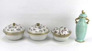 Three late 19th century Chinese covered bowls and an English porcelain turquoise glazed lobed vase