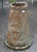 A tall terracotta rhubarb forcer with raised lip and foot rim.