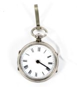 A vintage white metal cased pedometer with hanging clip and a white dial with Roman numerals.