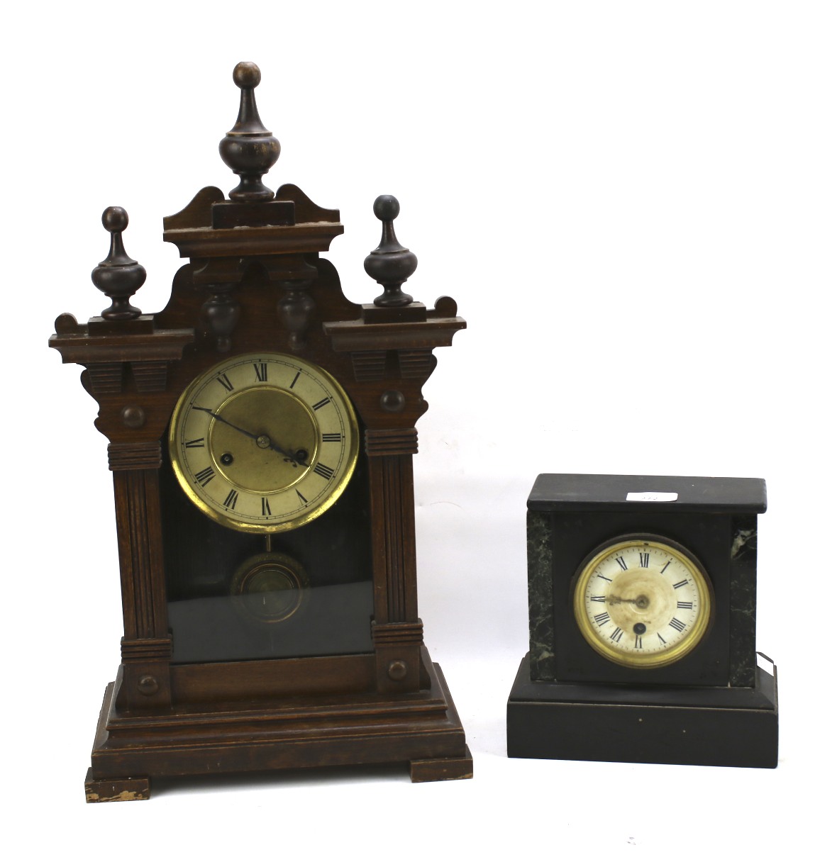 An oak cased Vienna style mantel clock and an early 20th century marble and slate clock.
