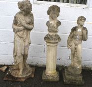 Three stone garden statues. In the form of a young man, a lady, and a bust of a lady on a pedestal.