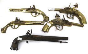 An assortment of wall mounting brass guns and a replica flintlock pistol.