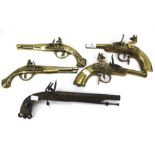 An assortment of wall mounting brass guns and a replica flintlock pistol.