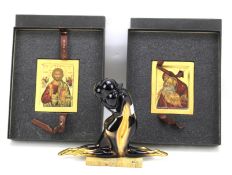 Two replicas of Venetian Byzantine plaques and a gilt figure