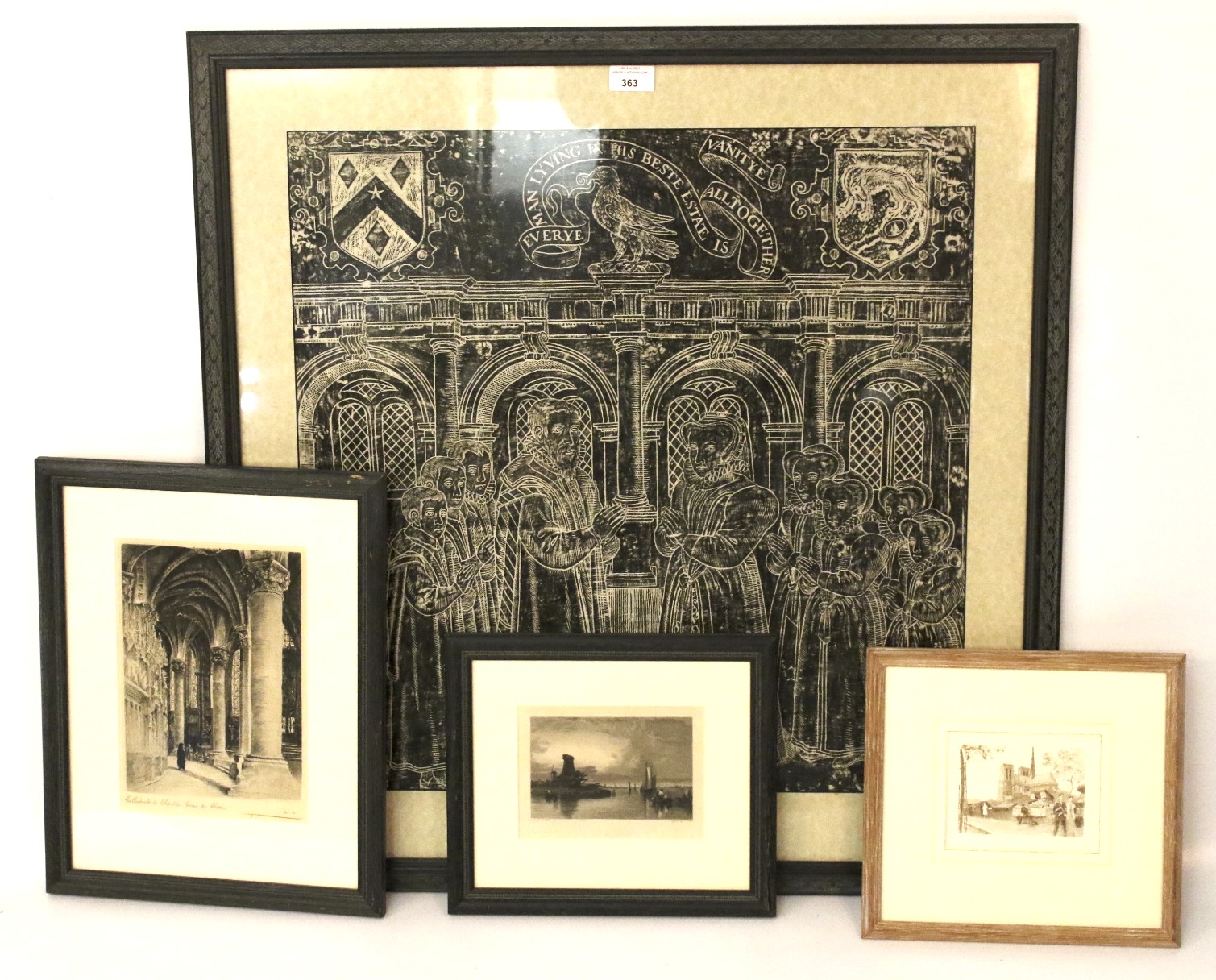A group of prints and a woodblock print.