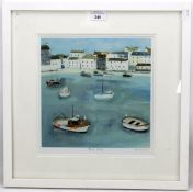 A contemporary print of boats in a harbour.