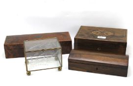 Three 19th century wooden boxes and a later engraved glass and gilt metal box.