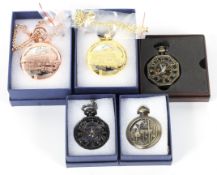 Five novilty pocket watches and Albert chain, three by Strada Genoa, all boxed.