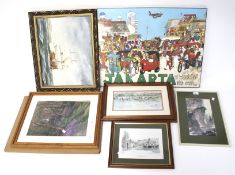 A group of assorted prints and paintings of various scenes.