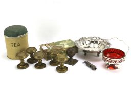 An assortment of items including brass door handles, Yeoman silver plated dish,