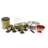 An assortment of items including brass door handles, Yeoman silver plated dish,