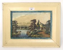 An oil on canvas depicting a house and lake. 28cm x 18.5cm, framed.