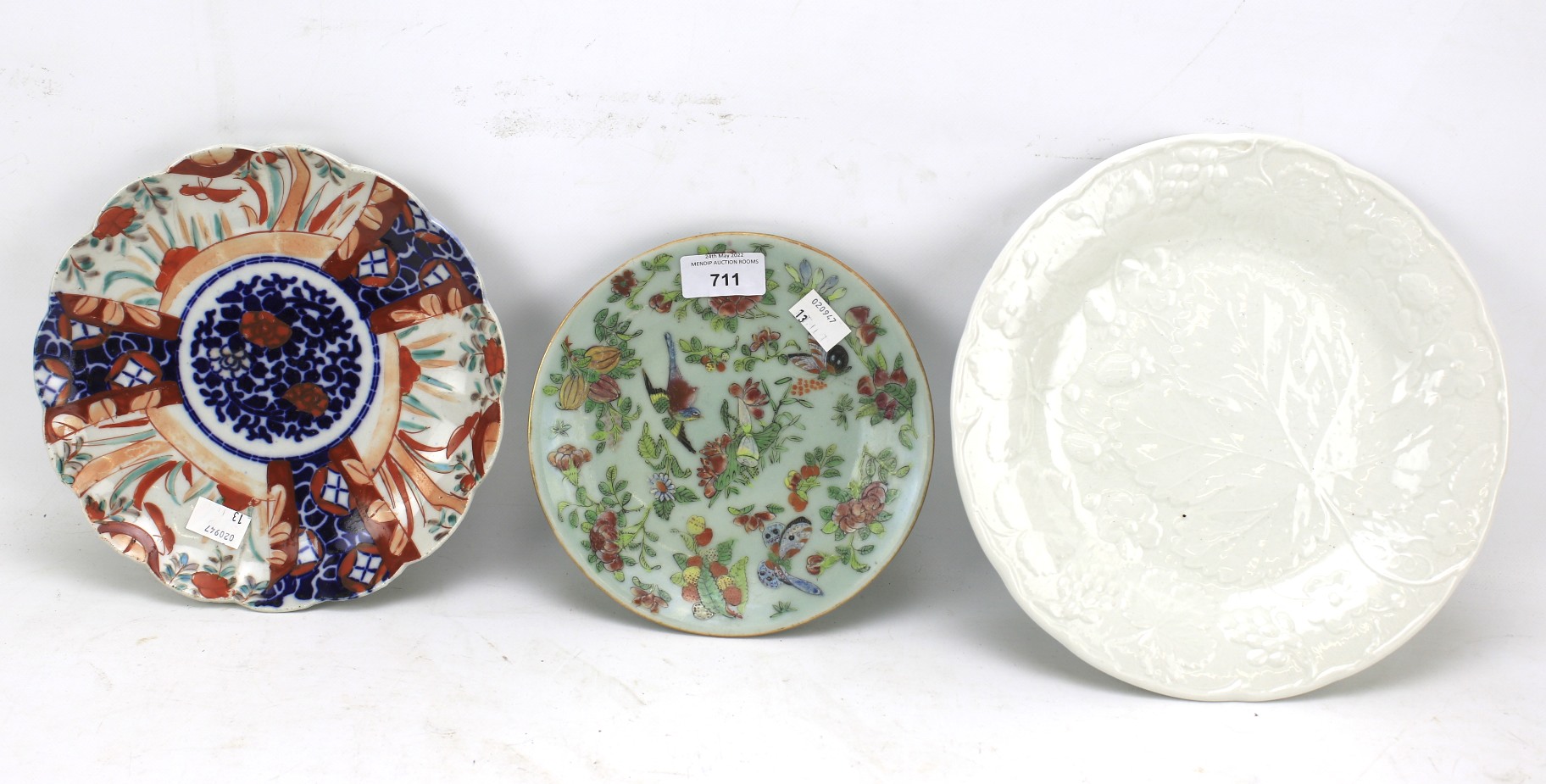 A 19th century Cantonese plate, an Imari fluted dish and a Davenport plate.