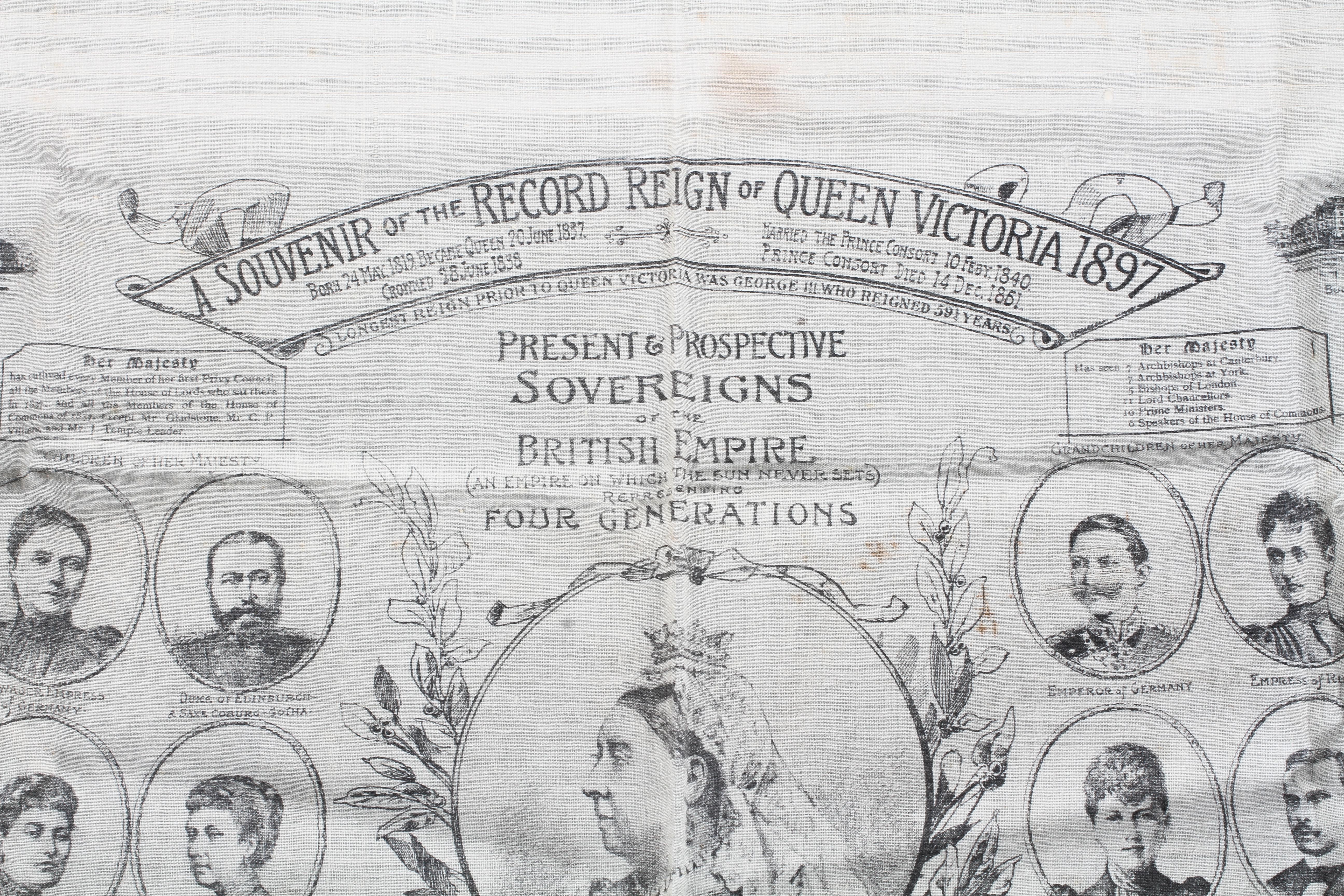 A white cotton handkerchief marked with the title 'A Souvenir of the Record Reign of Queen Victoria, - Image 2 of 2