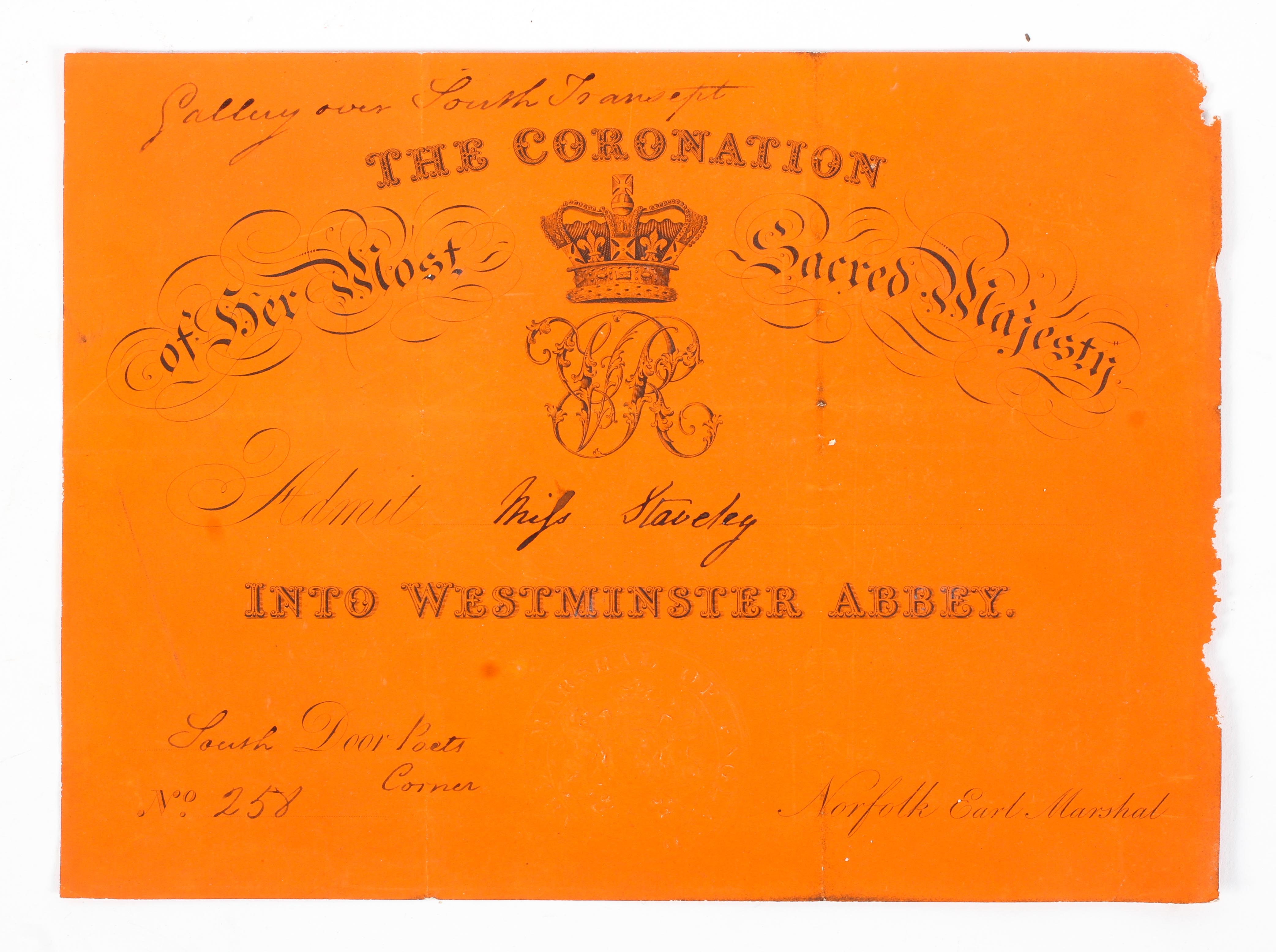 A ticket for Westminster Abbey for the 'Coronation of Her Most Sacred Majesty' (Queen Victoria).