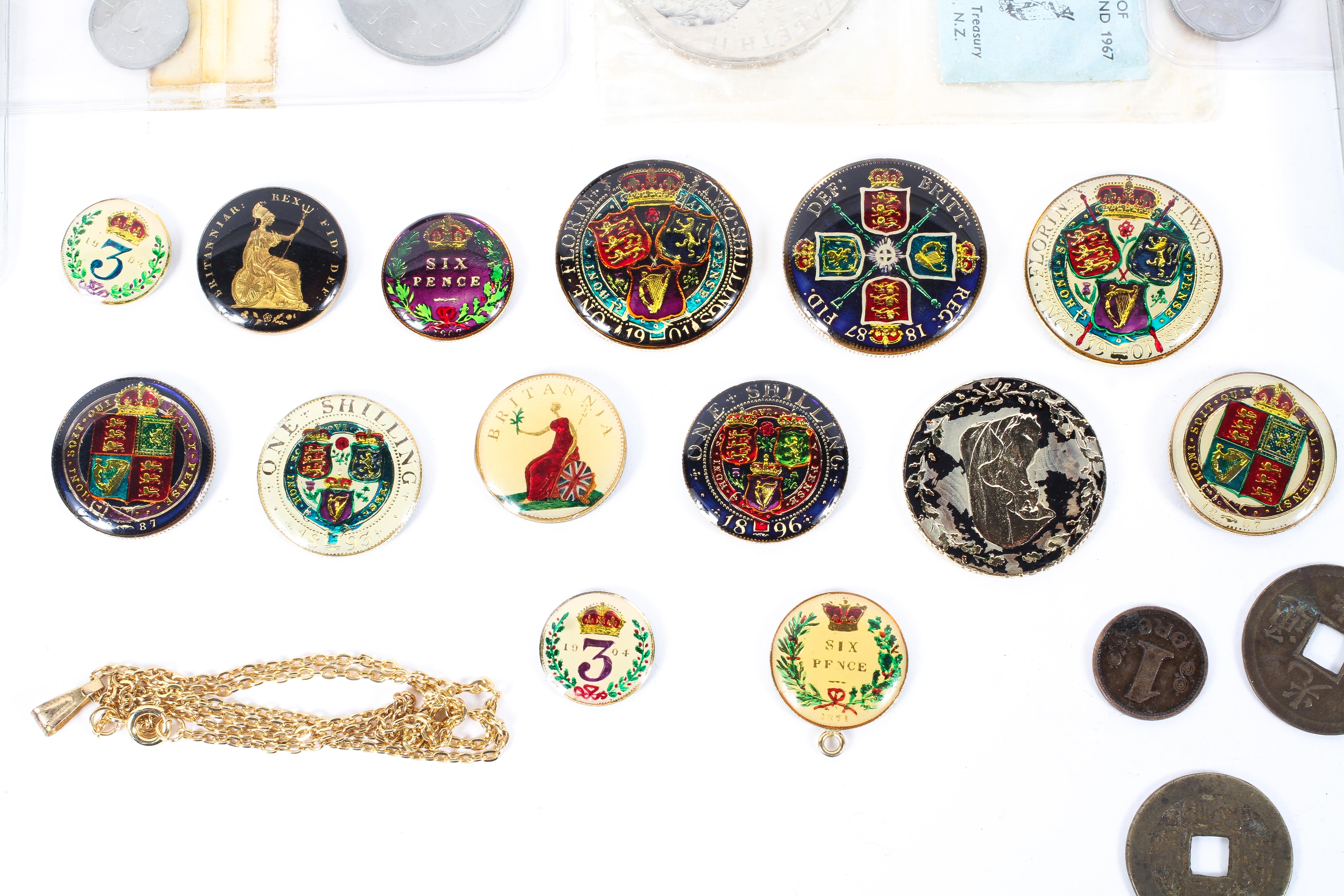 A collection of assorted coins. Including 15 enamelled coins and other assorted coins. - Image 2 of 3