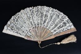 A late 19th century Brussels lace folding fan.